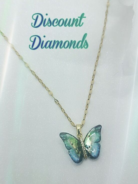 JTI Jewelry - 18K Gold Plated Titanium Blue & Green Butterfly Choker Pendant Necklace
